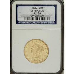 1847 $10 AU58 NGC. Ex: S.S. Republic. An interesting r