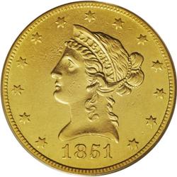 1851-O $10 AU55 PCGS. Though Winter (2006) notes a sub