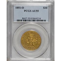 1851-O $10 AU55 PCGS. Consequential marks are absent f