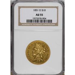 1851-O $10 AU55 NGC. Well-defined in the centers with