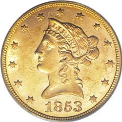 1853 $10 MS60 PCGS. Extremely fine and About Uncircula