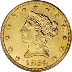 1854 $10 AU58 PCGS. Luster illuminates the margins and