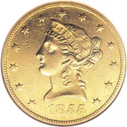 1855-O $10 XF45 NGC. Most pieces of this early O-mint