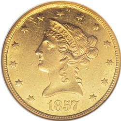 1857 $10 AU55 NGC. Breen-6925, his "Overdate" variety.