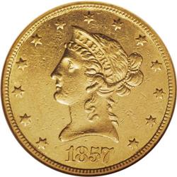 1857 $10 AU55 NGC. Perhaps because the next issue is s