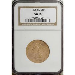 1875-CC $10 VG10 NGC. The left-side obverse denticles