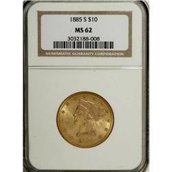 1885-S $10 MS62 NGC. Salmon-pink and lime-green toning