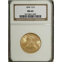 1894 $10 MS64 NGC. This exquisitely struck khaki-gold