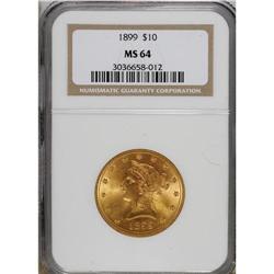 1899 $10 MS64 NGC. This penetratingly struck near-Gem