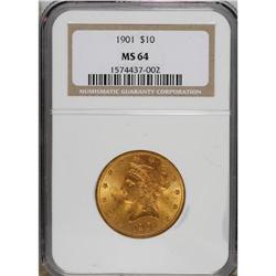 1901 $10 MS64 NGC. Exquisite and original central peac