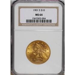 1901-S $10 MS64 NGC. This splendidly smooth near-Gem i