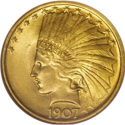 1907 $10 No Periods MS63 NGC. The alluring surfaces ar