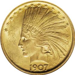 1907 $10 No Periods MS63 NGC. Lemon-gold in color, wit