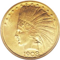 1908 $10 No Motto MS63 NGC. The Philadelphia Mint prod