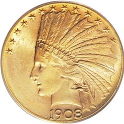 1908-D $10 Motto MS63 PCGS. Delectable reddish-gold an