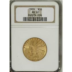 1909 $10 MS61 NGC. The bright green-gold surfaces are