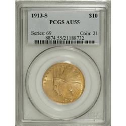1913-S $10 AU55 PCGS. A still-lustrous yellow-gold rep