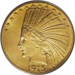 1915-S $10 AU58 PCGS. Yellow-gold surfaces retain a go