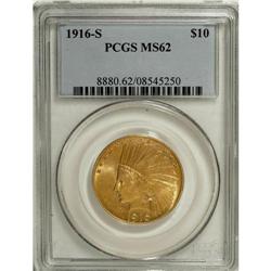 1916-S $10 MS62 PCGS. Enticing lime-gold and peach-red