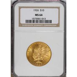 1926 $10 MS64 NGC. An olive-gold near-Gem with sweepin
