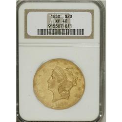 1850 $20 XF40 NGC. A subtly lustrous orange-gold repre