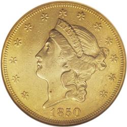 1850 $20 AU53 NGC. Rich green-gold surfaces retain con