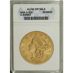 1855-S $20 --Cleaned--ANACS. AU55 Details. A bright and