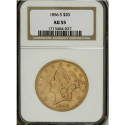 1856-S $20 AU55 NGC. Satiny and well detailed for the