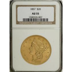 1857 $20 AU55 NGC. Deep yellow color with light abrasi