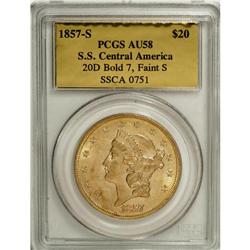 1857-S $20 Bold 7, Faint S AU58 PCGS. Ex: S.S. Central
