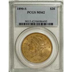 1890-S $20 MS62 PCGS. A bright, frosty appearance is o