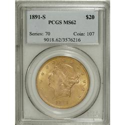 1891-S $20 MS62 PCGS. Variegated mint-green and peach