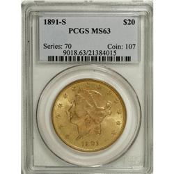 1891-S $20 MS63 PCGS. Lustrous and well detailed, with