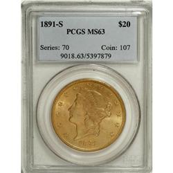 1891-S $20 MS63 PCGS. Medium S. Splendid peach and sea