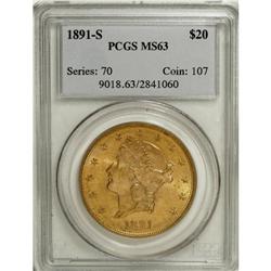 1891-S $20 MS63 PCGS. Light field haze is present, but