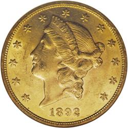 1892 $20 AU58 NGC. Only 4,430 business strikes of this