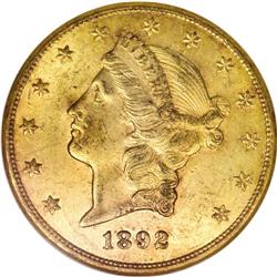 1892-CC $20 AU58 NGC. A pleasing near-Mint example of
