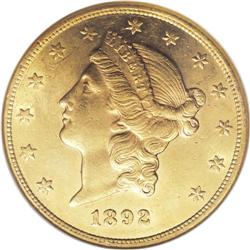 1892-CC $20 AU58 NGC. The 1892-CC, with a mintage of 2