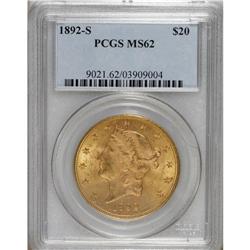 1892-S $20 MS62 PCGS. Apricot-gold surfaces are imbued