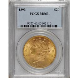 1893 $20 MS63 PCGS. Shimmering mint frost and lovely l