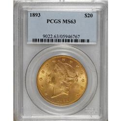 1893 $20 MS63 PCGS. The obverse is primarily olive-gol