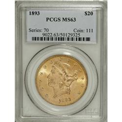 1893 $20 MS63 PCGS. Flashy cartwheel luster and pretty