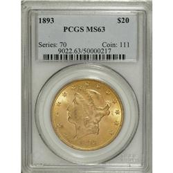 1893 $20 MS63 PCGS. The matte-like surfaces of this Se