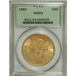 1893 $20 MS63 PCGS. Lustrous and attractively toned, w