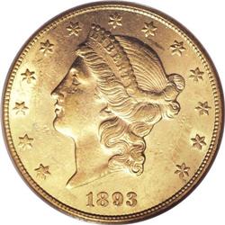 1893-CC $20 AU58 PCGS. An original straw-gold example