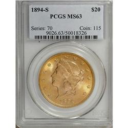1894-S $20 MS63 PCGS. A moderately abraded and fully l