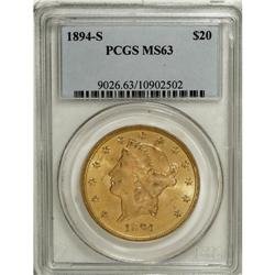 1894-S $20 MS63 PCGS. Lovely peach-gold and mint-green