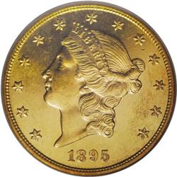 1895 $20 MS64 PCGS. An attractive honey-gold near-Gem