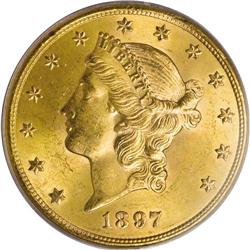 1897-S $20 MS64 PCGS. This lovely near-Gem is sharply