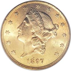 1897-S $20 MS64 PCGS. Booming luster and luminous oliv